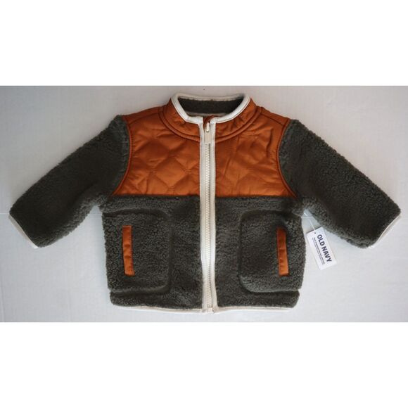 Old Navy Unisex Baby Sz 3-6M Green/Rust Color-Blocked Sherpa Jacket - Picture 1 of 6